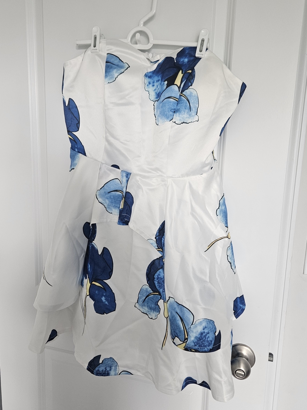 Strapless White Dress with Blue Floral Print